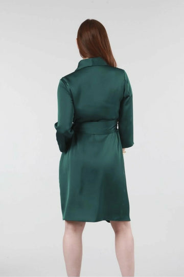 Green Wrap Belted Satin Dress Double Second